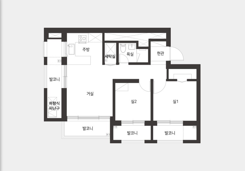 전용 59㎡C 평면도 — 거실, 주방, 실 2개, 욕실, 세탁실, 발코니